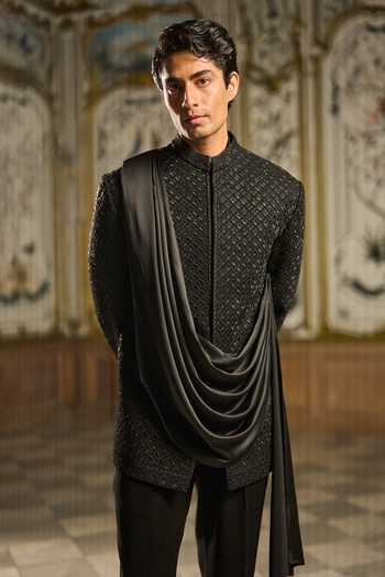 Seema Gujral_Black Suiting, Cotton Beads Embroidered Draped Bandhgala Set _Online_at_Aza_Fashions