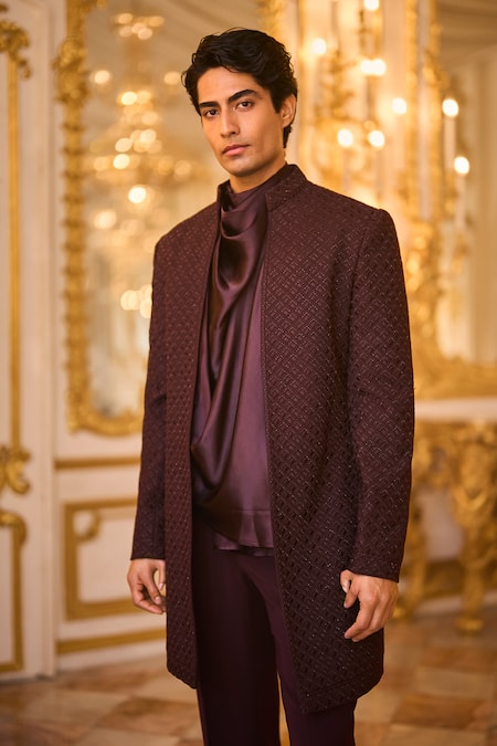 Buy_Seema Gujral_Wine Suiting Beads Embroidered Sherwani Set _Online_at_Aza_Fashions