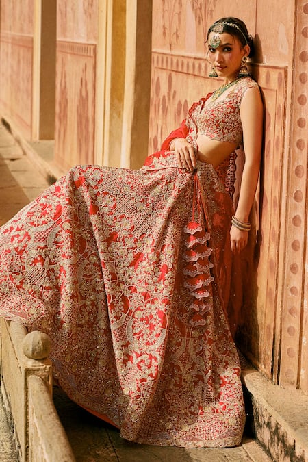 Buy_Anushree Reddy_Red Organza Embroidery, Sequins V-neck Riti Bridal Lehenga Set _Online_at_Aza_Fashions