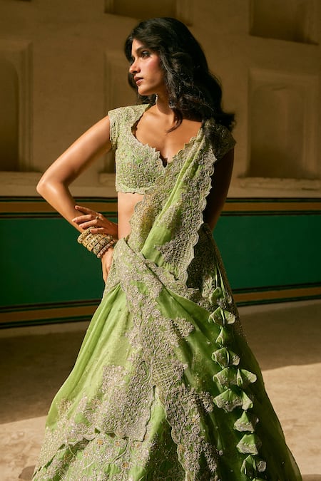 Anushree Reddy_Green Organza Sequins Sweetheart Riti Floral Embroidered Bridal Lehenga Set _Online_at_Aza_Fashions