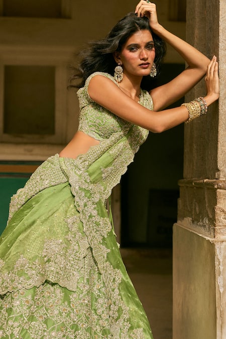 Buy_Anushree Reddy_Green Organza Sequins Sweetheart Riti Floral Embroidered Bridal Lehenga Set _Online_at_Aza_Fashions