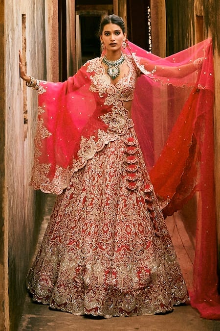 Anushree Reddy Geometric Embroidered Organza Lehenga Set With Dupatta