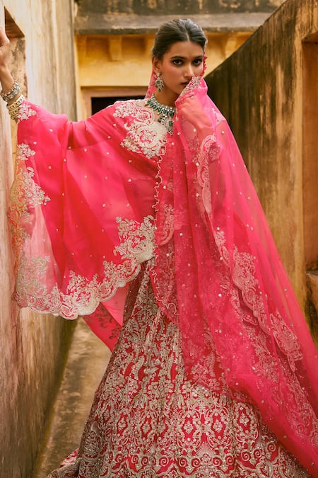 Anushree Reddy_Pink Organza Sequins, Beads Geometric Embroidered Lehenga Set With Dupatta _Online_at_Aza_Fashions
