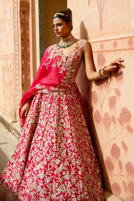 Anushree Reddy Embroidered Bridal Organza Lehenga Set With Blouse & Dupatta