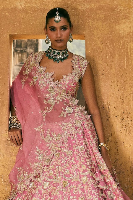 Anushree Reddy_Pink Organza Sequins, Zari, Tassels Advika Embroidered Lehenga Set With Dupatta _Online_at_Aza_Fashions