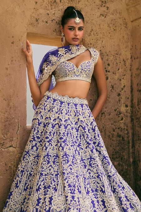 Shop_Anushree Reddy_Gold Organza Zari, Stones Sweetheart Neck Mehar Flower Embroidered Lehenga Set _Online_at_Aza_Fashions