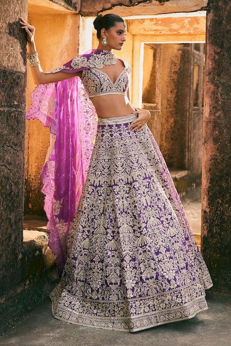 Buy_Anushree Reddy_Gold Organza Zari, Stones Sweetheart Neck Mehar Flower Embroidered Lehenga Set 