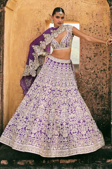 Shop_Anushree Reddy_Gold Organza Zari, Stones Sweetheart Neck Mehar Flower Embroidered Lehenga Set 