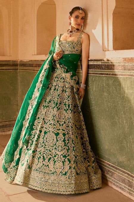 Anushree Reddy Emerald Green Organza Embroidery, Zari, Lehenga Set With Blouse And Dupatta Online at Aza Fashions Anushree Reddy_Emerald Green Organza Embroidery, Zari, Lehenga Set With Blouse And Dupatta _Online_at_Aza_Fashions