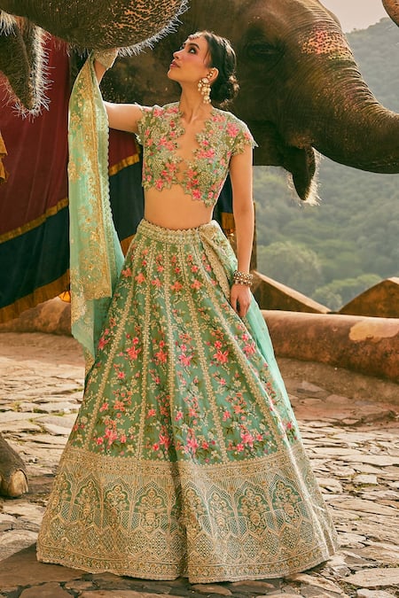 Shop_Anushree Reddy_Green Organza Embroidery V-neck Avni Floral Lehenga Set With Blouse _Online_at_Aza_Fashions