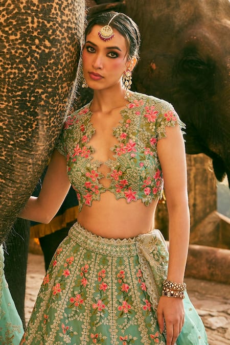 Buy_Anushree Reddy_Green Organza Embroidery V-neck Avni Floral Lehenga Set With Blouse 