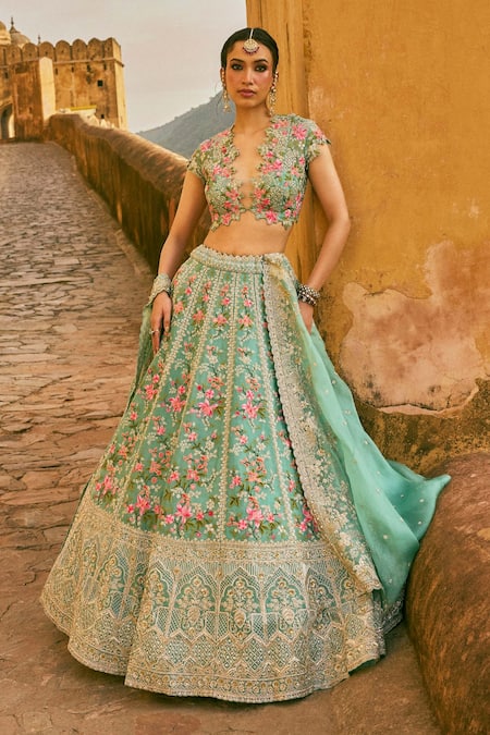 Anushree Reddy Avni Embroidered Floral Organza Lehenga Set with Blouse