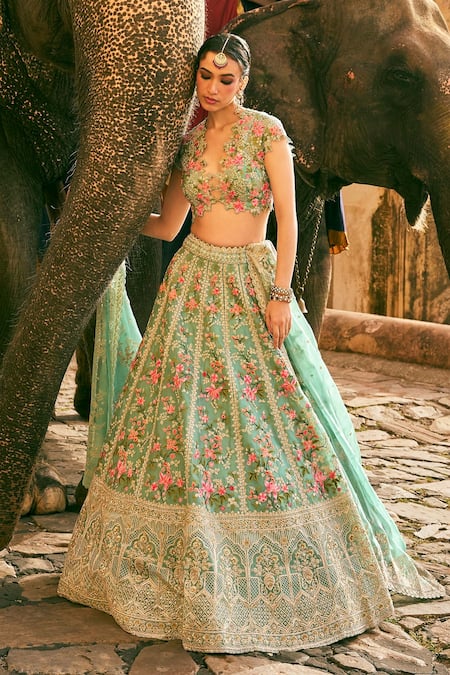 Shop_Anushree Reddy_Green Organza Embroidery V-neck Avni Floral Lehenga Set With Blouse 