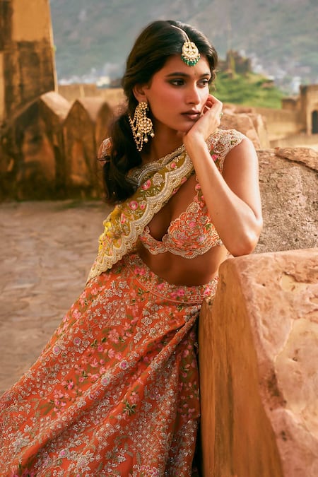 Buy_Anushree Reddy_Orange Organza Embroidery, Sequins V-neck Kamya Floral Bridal Lehenga Set _Online_at_Aza_Fashions