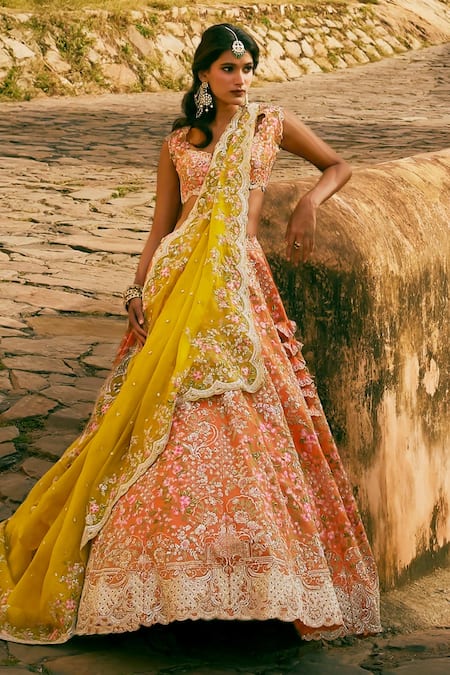Shop_Anushree Reddy_Orange Organza Embroidery, Sequins V-neck Kamya Floral Bridal Lehenga Set _Online_at_Aza_Fashions