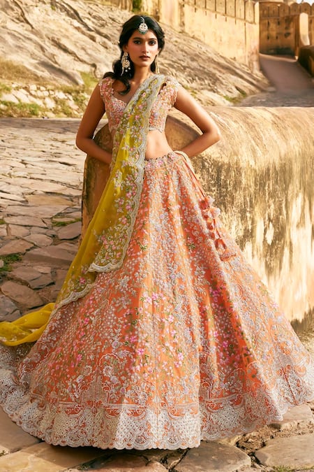 Anushree Reddy_Orange Organza Embroidery, Sequins V-neck Kamya Floral Bridal Lehenga Set _at_Aza_Fashions
