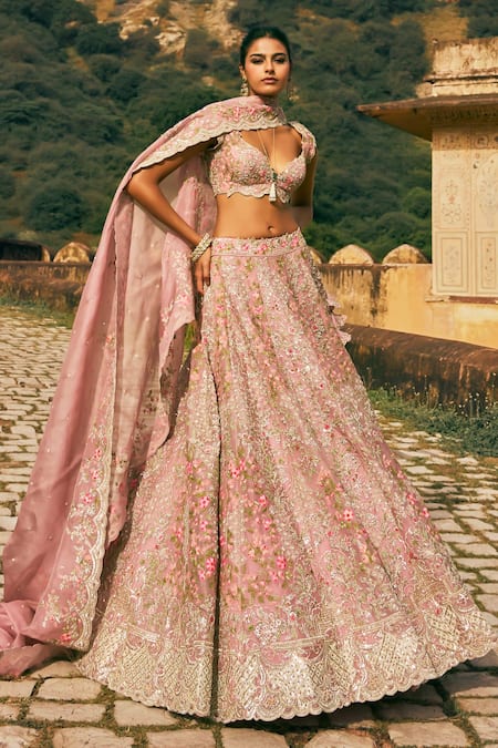 Anushree Reddy_Pink Organza Embroidery Sweetheart Neck Kamya Thread Bridal Lehenga Set _Online_at_Aza_Fashions