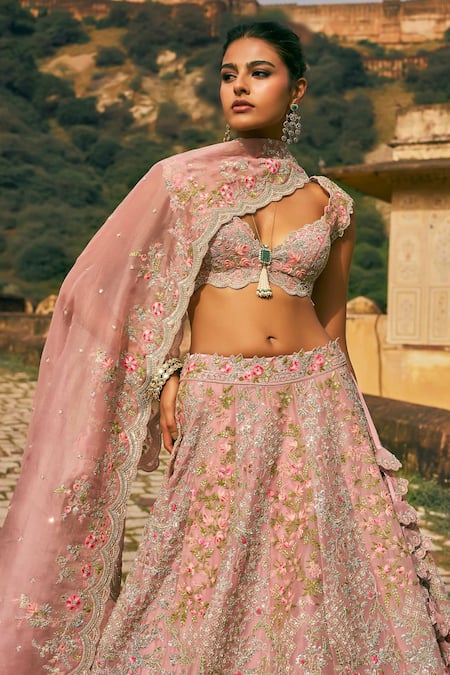 Buy_Anushree Reddy_Pink Organza Embroidery Sweetheart Neck Kamya Thread Bridal Lehenga Set _Online_at_Aza_Fashions