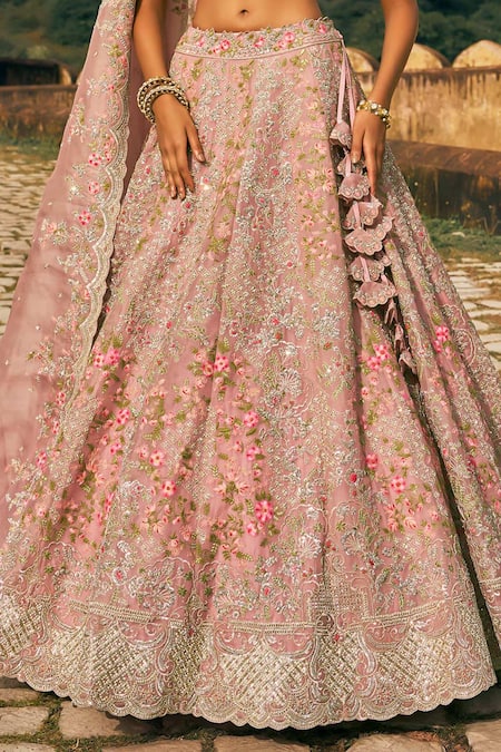 Shop_Anushree Reddy_Pink Organza Embroidery Sweetheart Neck Kamya Thread Bridal Lehenga Set _Online_at_Aza_Fashions