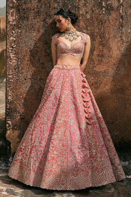 Buy_Anushree Reddy_Pink Organza Embroidery, Sequins, Zari V-neck Vajra Lehenga Set _Online_at_Aza_Fashions
