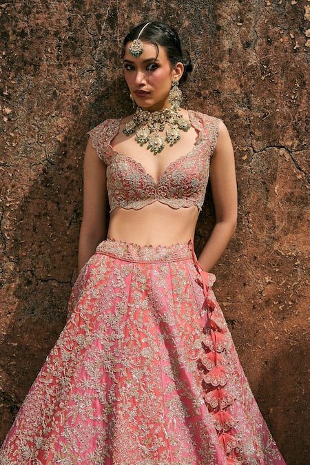 Shop_Anushree Reddy_Pink Organza Embroidery, Sequins, Zari V-neck Vajra Lehenga Set _Online_at_Aza_Fashions
