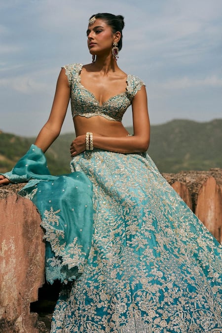 Anushree Reddy_Blue Organza Embroidery, Sequins Sweetheart Neck Vajra Lehenga Set _Online_at_Aza_Fashions