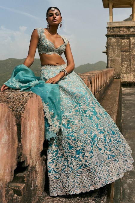 Buy_Anushree Reddy_Blue Organza Embroidery, Sequins Sweetheart Neck Vajra Lehenga Set _Online_at_Aza_Fashions