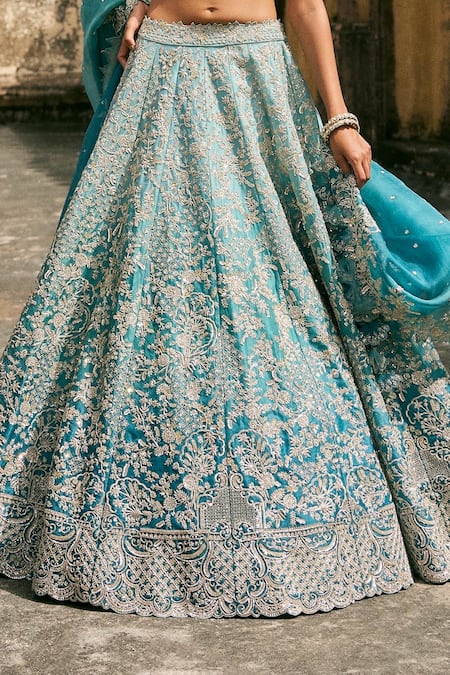 Shop_Anushree Reddy_Blue Organza Embroidery, Sequins Sweetheart Neck Vajra Lehenga Set _Online_at_Aza_Fashions