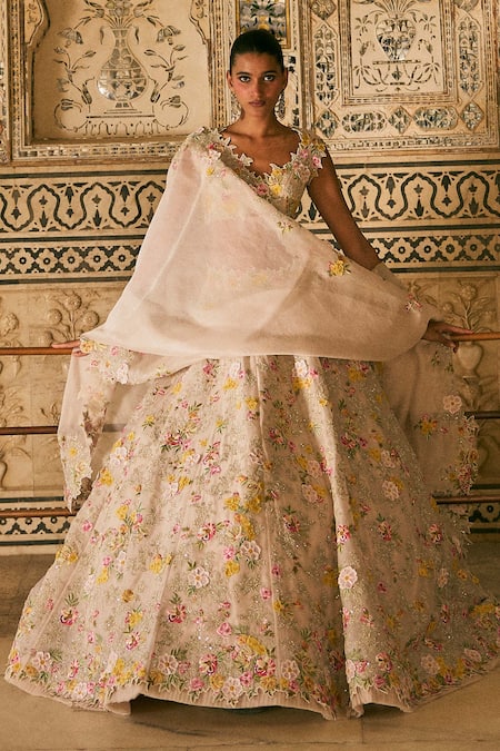 Shop Anushree Reddy Pink Organza Embroidery Sweetheart Neck Utsa Floral Lehenga Set With Dupatta Online at Aza Fashions Shop_Anushree Reddy_Pink Organza Embroidery Sweetheart Neck Utsa Floral Lehenga Set With Dupatta _Online_at_Aza_Fashions