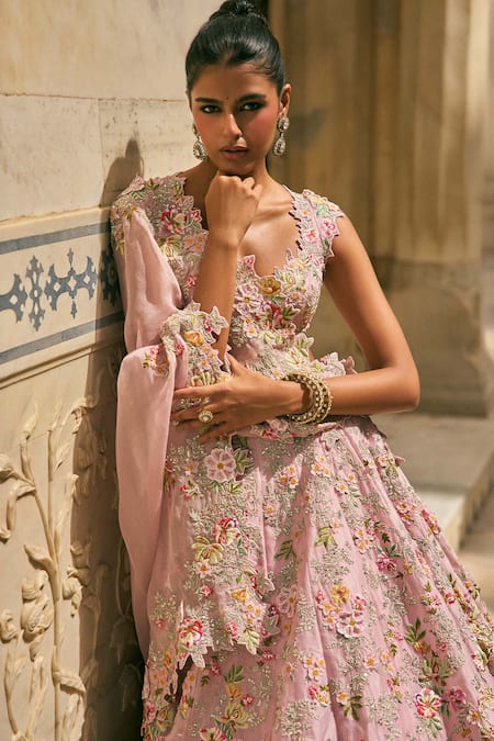 Buy_Anushree Reddy_Pink Organza Embroidery V-neck Utsa Thread Lehenga Set With Dupatta _Online_at_Aza_Fashions