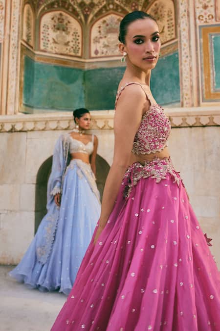 Anushree Reddy_Blue Organza Embroidery Sweetheart Neck Pico Skirt Set With Blouse _Online_at_Aza_Fashions