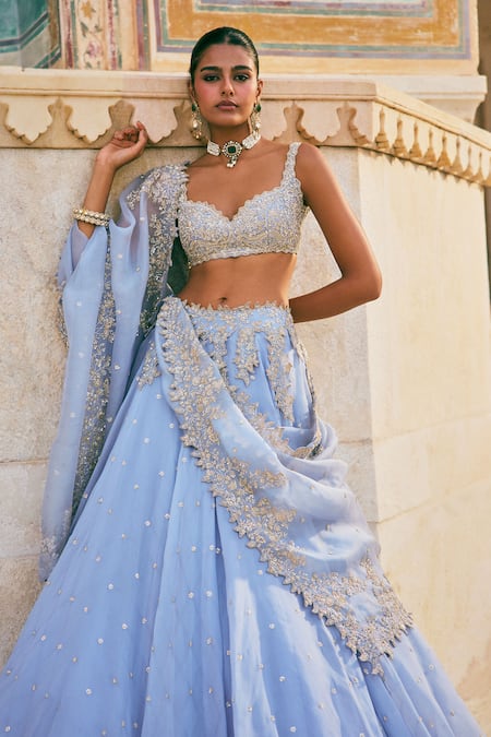Buy_Anushree Reddy_Blue Organza Embroidery Sweetheart Neck Pico Skirt Set With Blouse _Online_at_Aza_Fashions