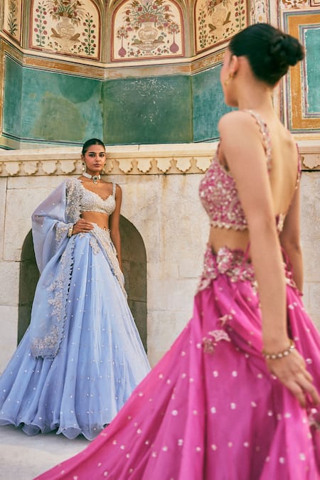 Shop_Anushree Reddy_Blue Organza Embroidery Sweetheart Neck Pico Skirt Set With Blouse _Online_at_Aza_Fashions