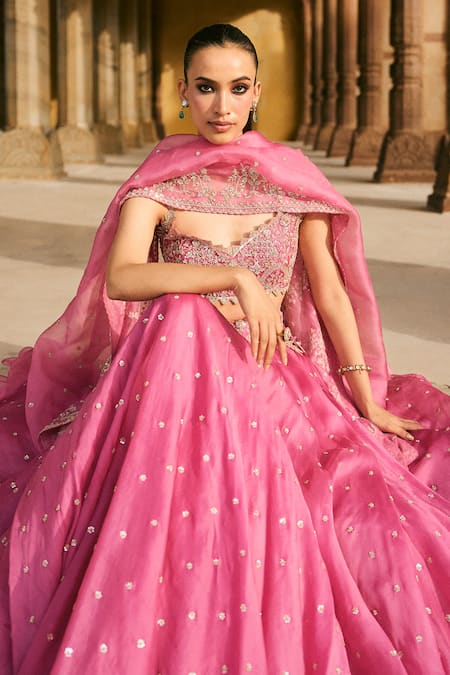 Buy_Anushree Reddy_Pink Organza Embroidery, Sequins Asymmetric Sneha Chitta Pico Skirt Set _Online_at_Aza_Fashions