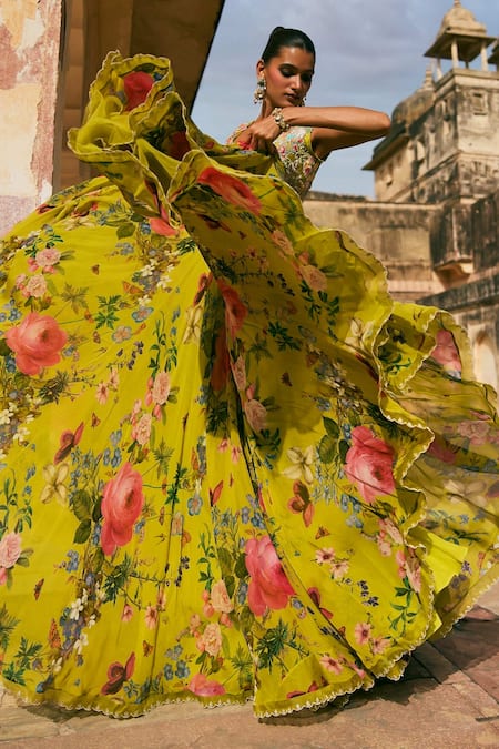 Anushree Reddy_Green Organza Applique Sweetheart Neck Janhvi Work Blouse And Skirt Set _at_Aza_Fashions