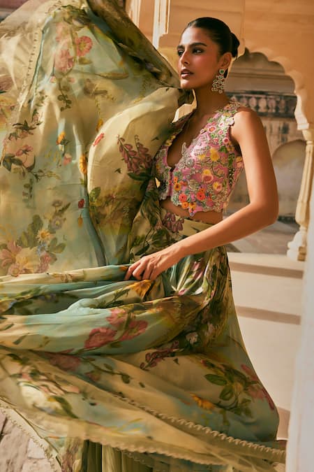 Shop_Anushree Reddy_Multi Color Organza Applique Janhvi Work Printed Rawsilk Blouse And Skirt Set _Online_at_Aza_Fashions