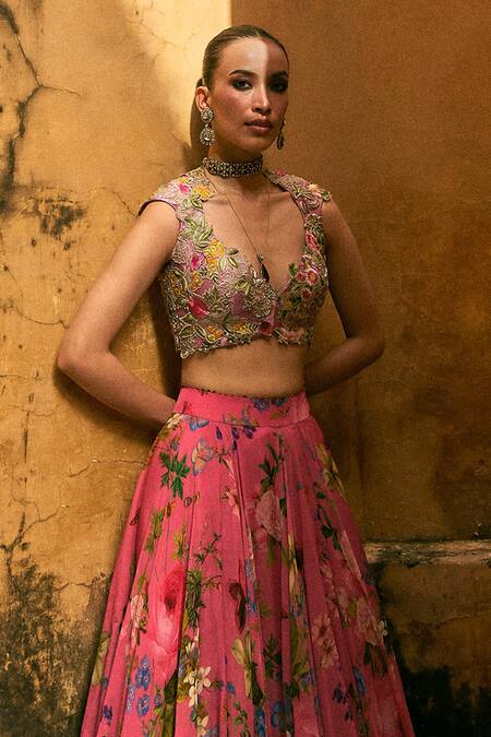 Anushree Reddy_Multi Color Organza Applique V-neck Printed Blouse And Skirt Set _Online_at_Aza_Fashions