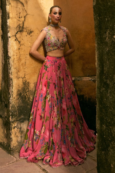 Shop_Anushree Reddy_Multi Color Organza Applique V-neck Printed Blouse And Skirt Set _Online_at_Aza_Fashions