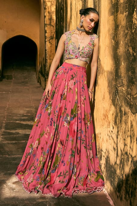 Anushree Reddy Printed Organza Applique Blouse & Skirt Set