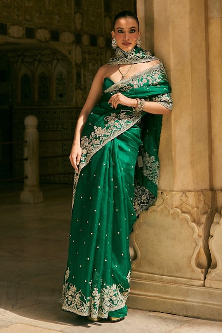 Buy_Anushree Reddy_Gold Organza, Silk, Dupion Ember Floral Embroidered Saree And Unstitched Blouse _Online_at_Aza_Fashions