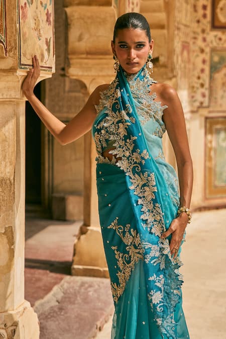 Anushree Reddy_Blue Organza Zari Advika Border Embroidered Saree And Unstitched Blouse Piece _Online_at_Aza_Fashions