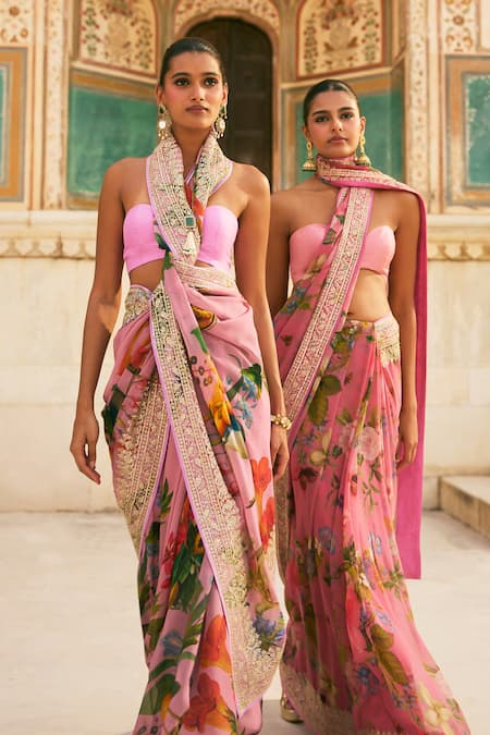 Shop_Anushree Reddy_Pink Organza Zari Ruh Printed Saree And Unstitched Blouse Piece _Online_at_Aza_Fashions
