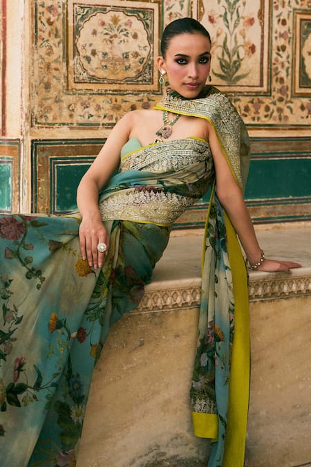 Anushree Reddy_Pink Chiffon Zari Ruh Printed Saree And Unstitched Blouse Piece _Online_at_Aza_Fashions