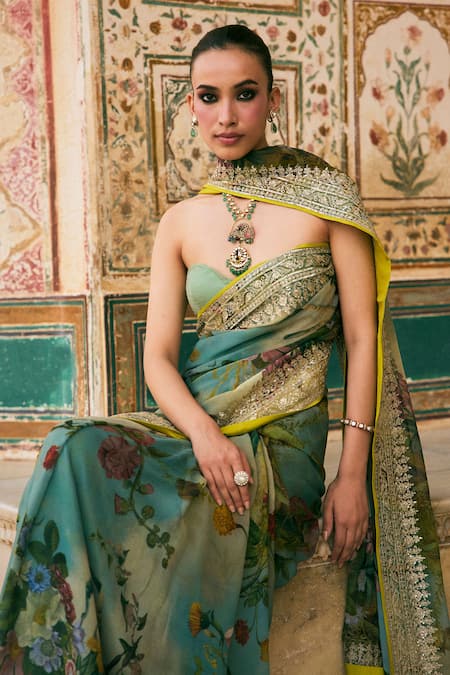 Shop_Anushree Reddy_Pink Chiffon Zari Ruh Printed Saree And Unstitched Blouse Piece _Online_at_Aza_Fashions