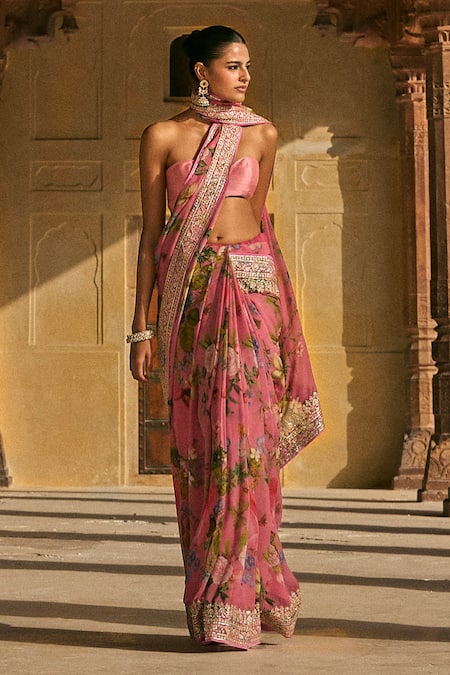 Anushree Reddy_Pink Chiffon Florette Print Saree And Unstitched Blouse Piece _Online_at_Aza_Fashions