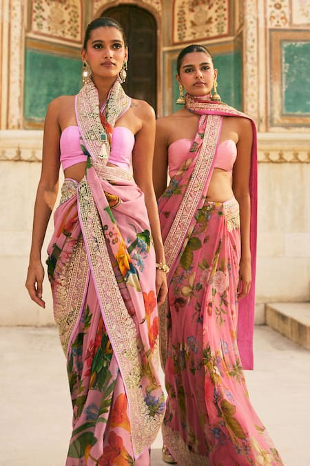 Buy_Anushree Reddy_Pink Chiffon Florette Print Saree And Unstitched Blouse Piece _Online_at_Aza_Fashions