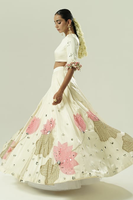 Buy_Shwetanga_Ivory Georgette, Satin, Organza Embroidery, Sequins, Floral Pattern Lehenga Set _Online_at_Aza_Fashions