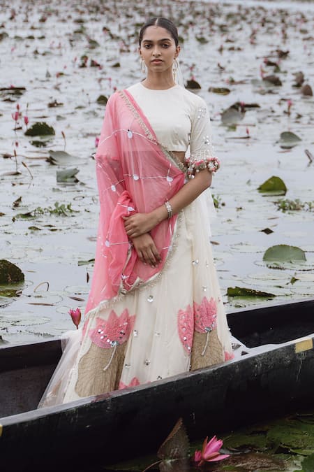 Shwetanga_Ivory Georgette, Satin, Organza Embroidery, Sequins, Floral Pattern Lehenga Set _at_Aza_Fashions