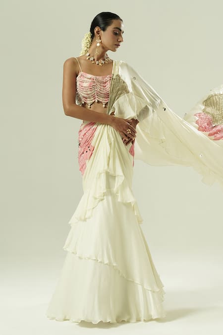 Buy_Shwetanga_Ivory Organza, Georgette, Satin Sequins, Ruffle Pre-draped Saree With Blouse _Online_at_Aza_Fashions
