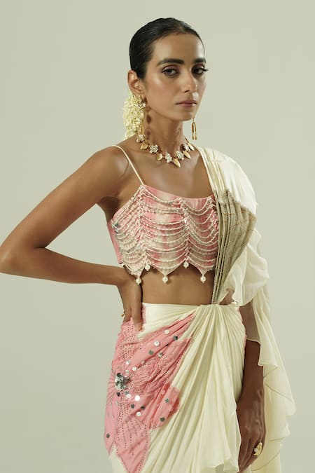 Shop_Shwetanga_Ivory Organza, Georgette, Satin Sequins, Ruffle Pre-draped Saree With Blouse _Online_at_Aza_Fashions